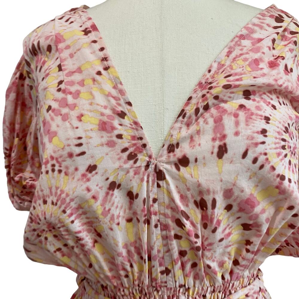 MISA Eloise Pink Tie Waist Puff Sleeve Ruffle Hem Boho Mini Dress Sz M - Picture 6 of 11